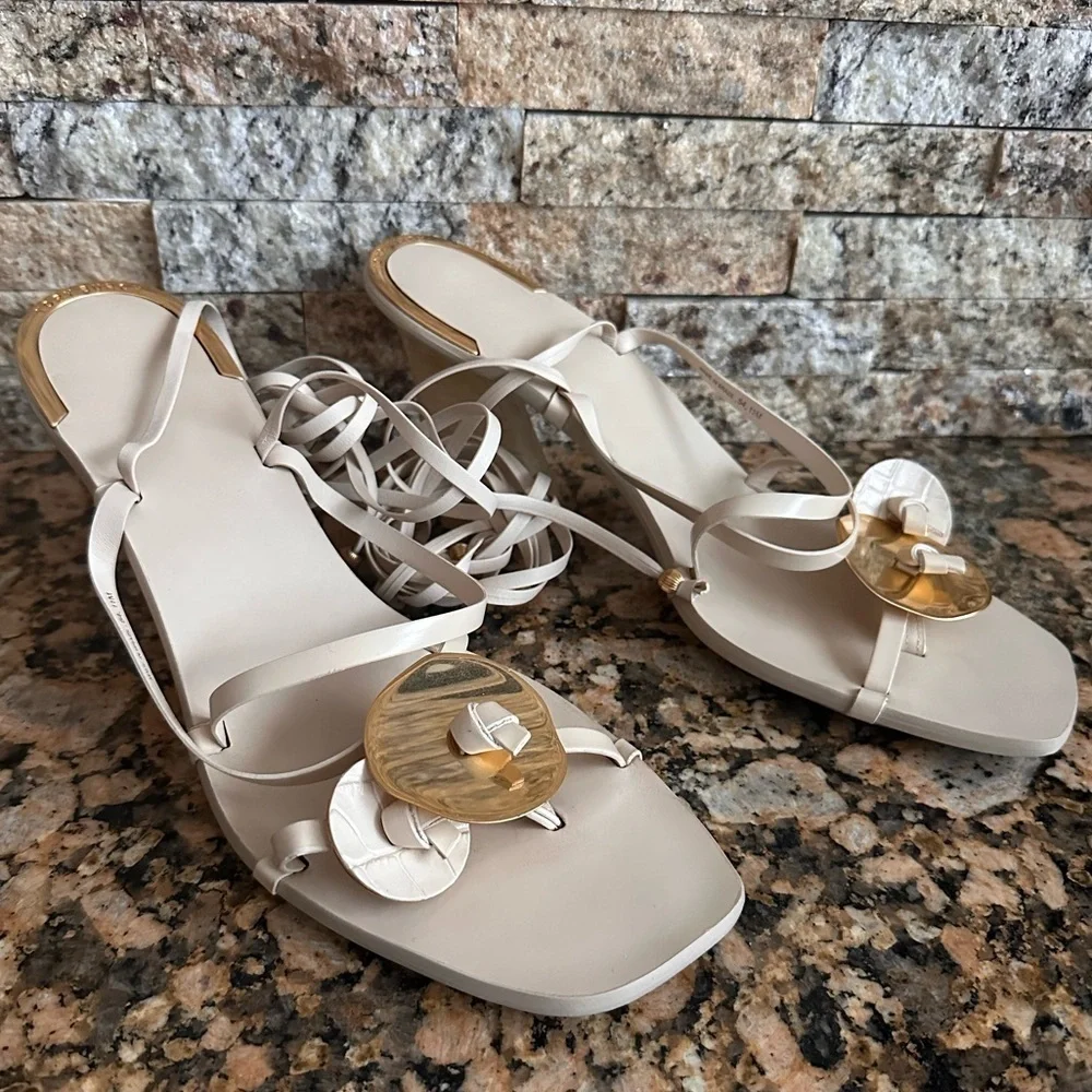 Tory Burch Knotted Leather Ankle-Tie Sandals New Cream